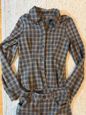 Zara Plaid Button-Up Set in Grey and Tan